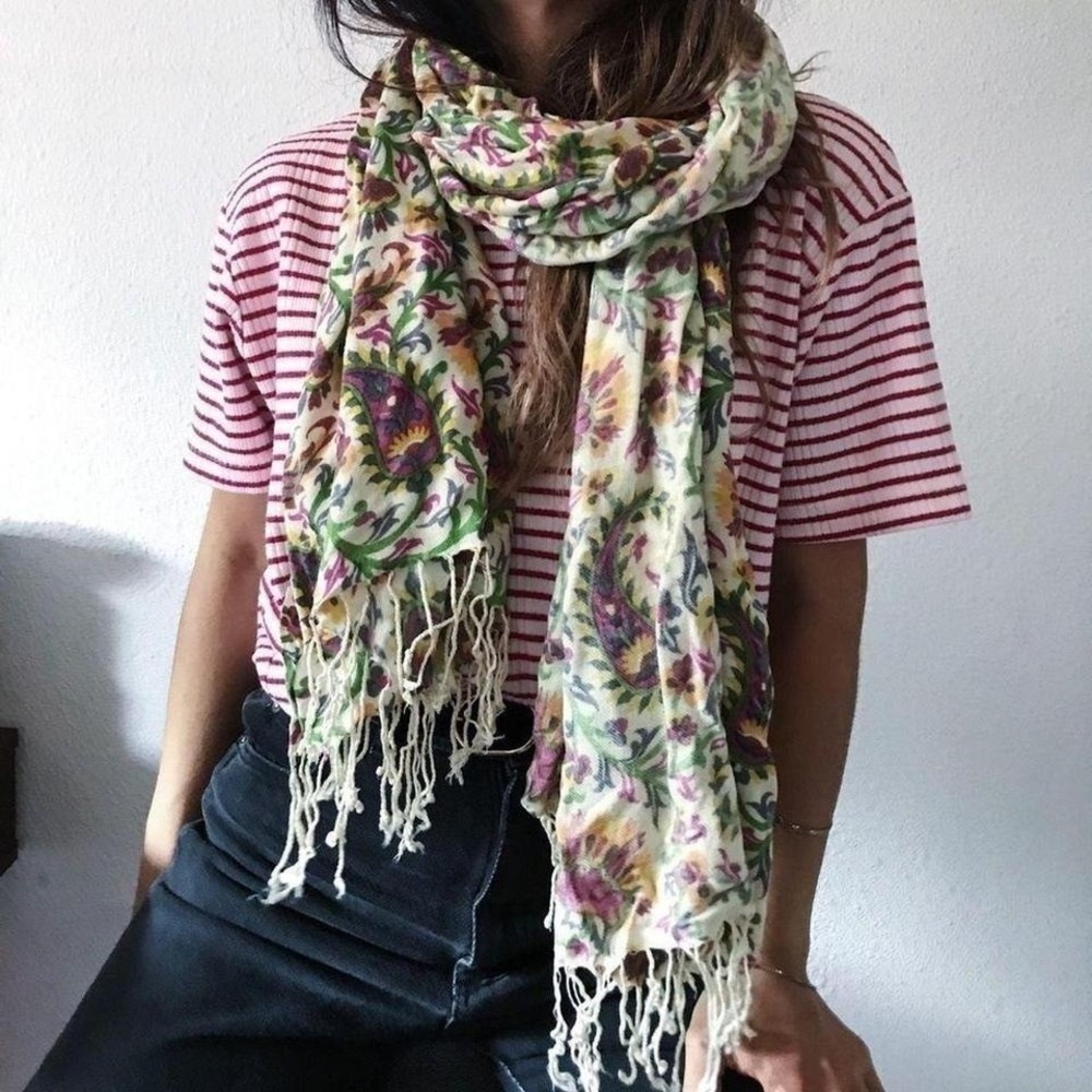 Rectangle Floral Paisley scarf‎ long fringe beige pink  cream headwrap shawl